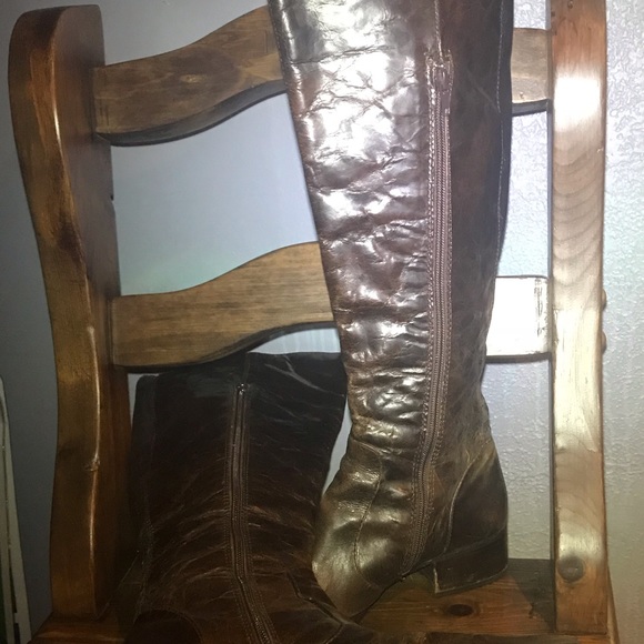 Dark Brown Crackle Leather Tall Boots - 11 - Picture 5 of 5